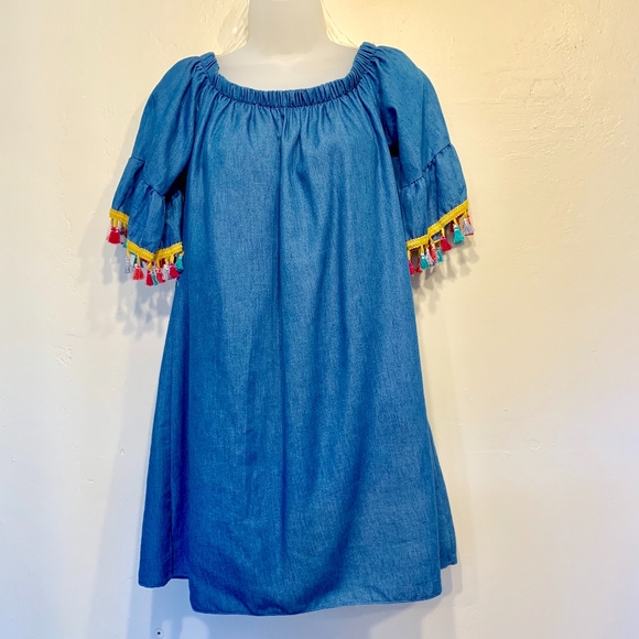 See you Monday | Chambray Denim Off Shoulder Tunic Dress with Rainbow Tassels - Picture 3 of 7